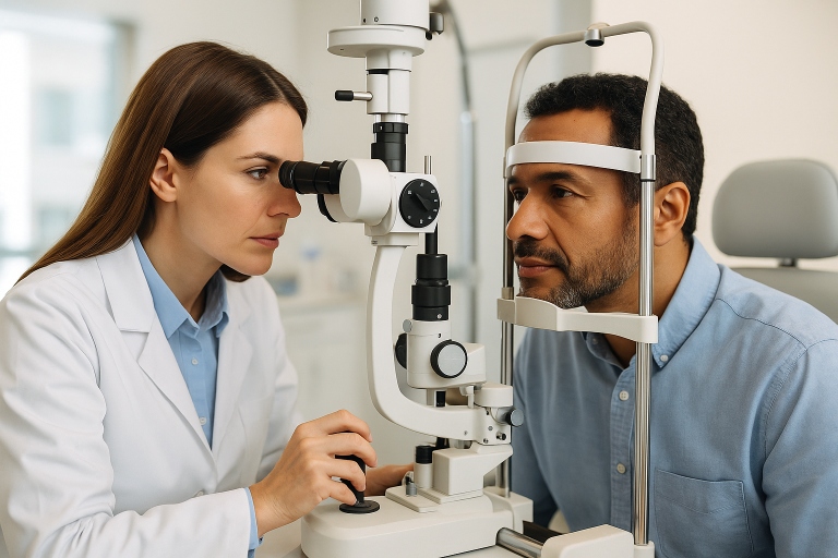 Female optometrist conducting a slit lamp eye exam on a male patient in a modern, well-lit clinic.