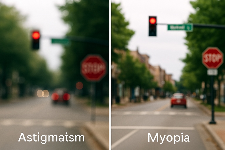 Simulated Vision with Astigmatism vs. Myopia Side-by-side comparison of a city street as seen through astigmatism and myopia, showing blurred vision patterns for each condition from a driver’s perspective.