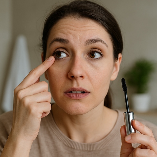 Close-up of a woman checking her eye while holding mascara, showing concern about possible eye irritation from makeup. 