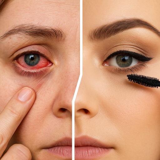 Split-screen close-up showing an irritated red eye on the left and a healthy, makeup-enhanced eye on the right, highlighting makeup’s potential impact on eye health. 