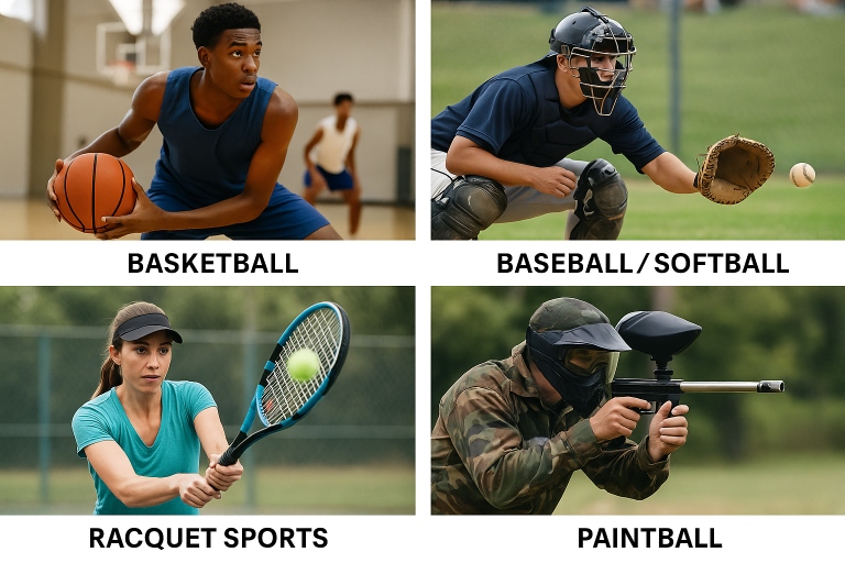 A collage of four youth sports: a basketball player dribbling, a baseball catcher in gear catching a ball, a woman playing tennis, and a paintball player aiming a marker. Each sport is labeled beneath its section. 