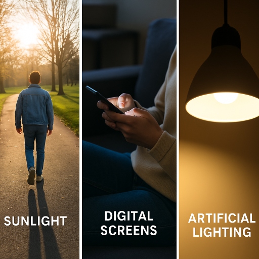 Side-by-side photo showing a person walking in sunlight, a person using a smartphone indoors, and a close-up of a warm-lit ceiling lamp—illustrating natural sunlight, digital screen light, and artificial lighting as different sources of blue light exposure. 