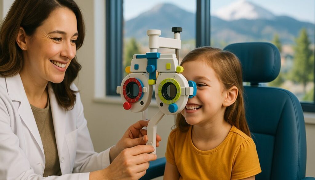 A smiling female pediatric optometrist examines a happy 6-year-old girl using a colorful eye exam device in a bright, modern office with mountains visible through large windows.