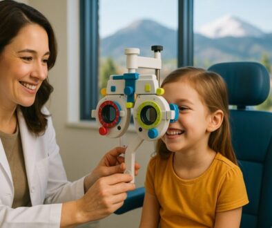 A smiling female pediatric optometrist examines a happy 6-year-old girl using a colorful eye exam device in a bright, modern office with mountains visible through large windows.