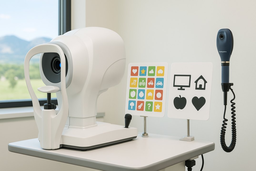 Professional photo of modern pediatric eye exam equipment, including a retinal imaging device, child-friendly visual acuity charts with icons, and a pediatric ophthalmoscope in a clean, bright office with a Colorado mountain view.
