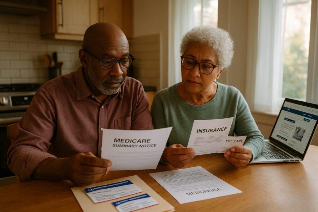 Senior couple at home reviewing Medicare eye care coverage options and insurance documentation together