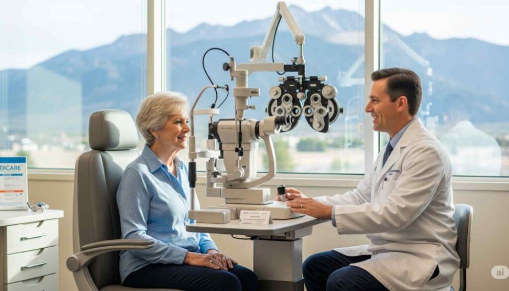 Senior woman receiving comprehensive eye exam from optometrist at Medicare-accepting Fort Collins eye care clinic