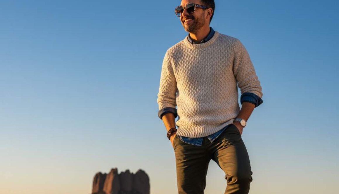 A stylish person wearing 2026 trend geometric sunglasses with the Fort Collins Horsetooth Rock skyline in the background.