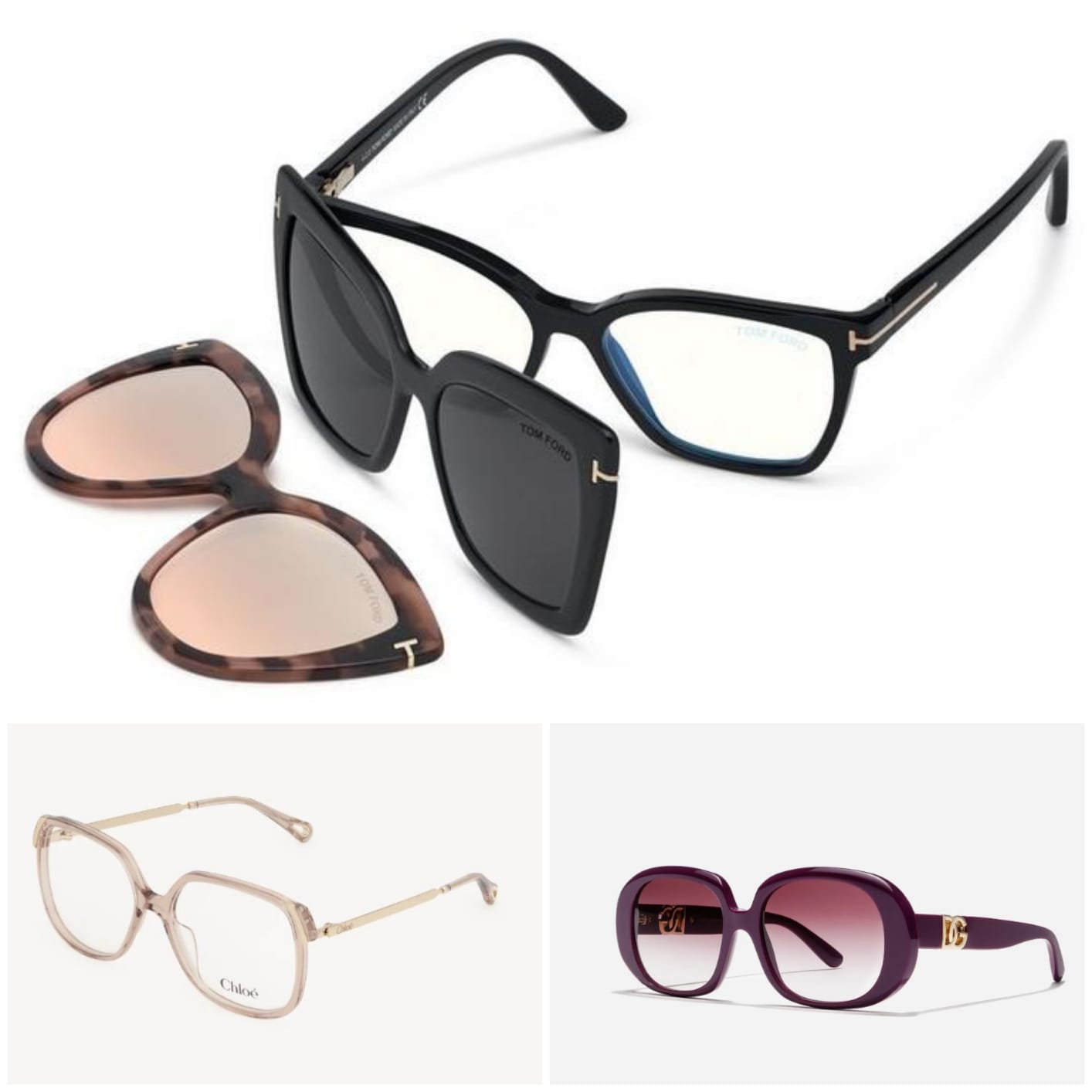 A collage of three luxury eyewear styles, including a black and tortoiseshell interchangeable frame set from Tom Ford, square-frame clear glasses from Chloé with gold arms, and oversized plum-tinted sunglasses with gold DG logo from Dolce & Gabbana. 