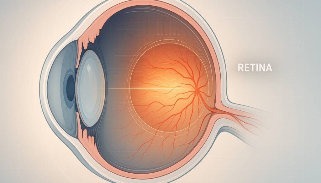 Professional medical illustration of human eye cross-section highlighting retina structure and blood vessels for retinal imaging explanation