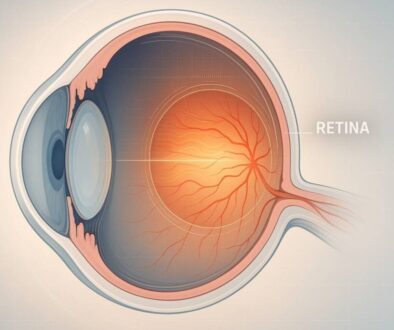 Professional medical illustration of human eye cross-section highlighting retina structure and blood vessels for retinal imaging explanation