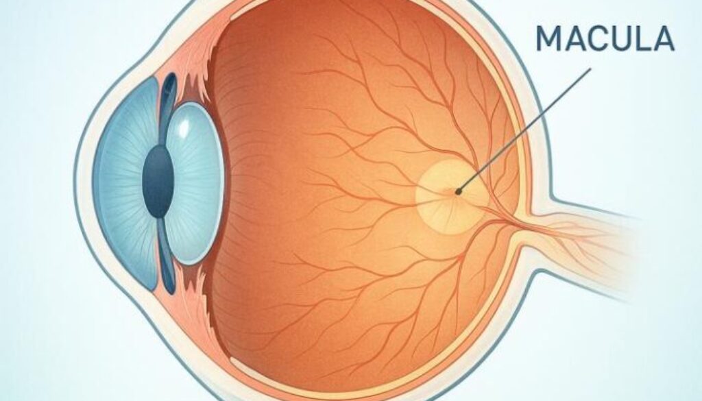 Detailed anatomical illustration of human eye showing macula location for macular degeneration diagnosis and treatment in Fort Collins