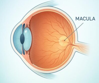 Detailed anatomical illustration of human eye showing macula location for macular degeneration diagnosis and treatment in Fort Collins