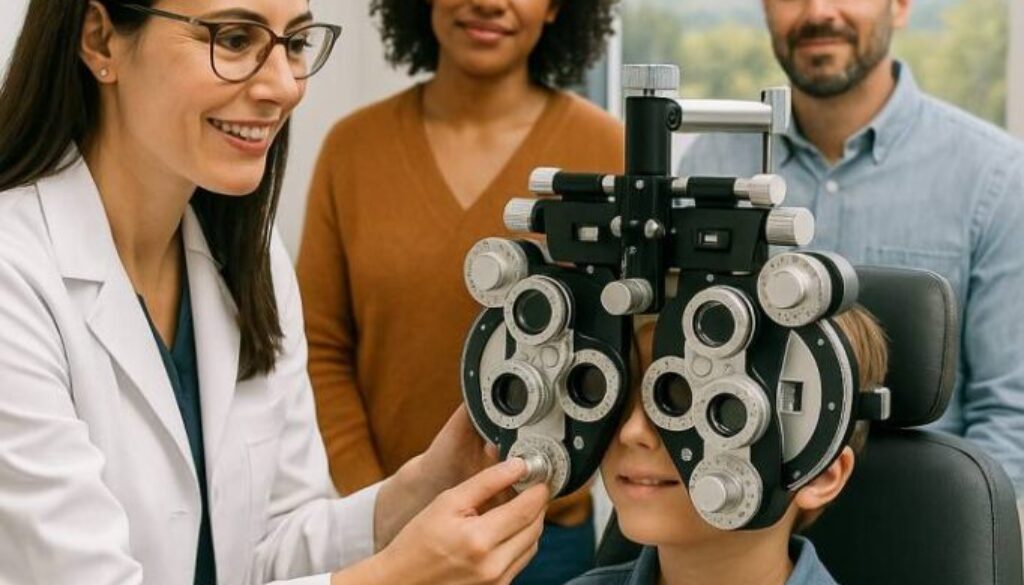 "Fort Collins optometrist conducting comprehensive eye exam on child with advanced diagnostic equipment while parents watch, emphasizing professional pediatric eye care"