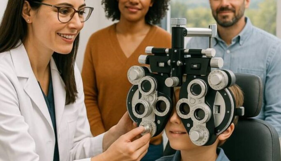 "Fort Collins optometrist conducting comprehensive eye exam on child with advanced diagnostic equipment while parents watch, emphasizing professional pediatric eye care"