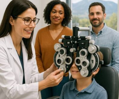 "Fort Collins optometrist conducting comprehensive eye exam on child with advanced diagnostic equipment while parents watch, emphasizing professional pediatric eye care"