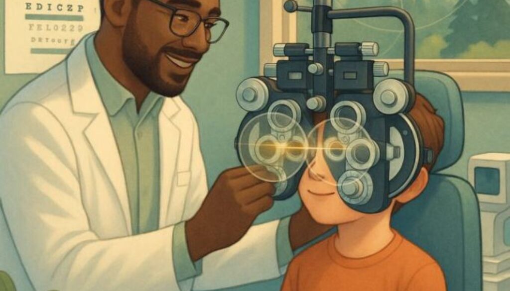 Child receiving comprehensive binocular vision examination from caring optometrist in Fort Collins eye care clinic with specialized testing equipment