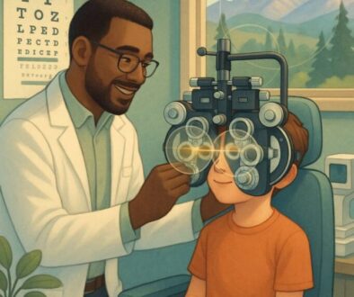 Child receiving comprehensive binocular vision examination from caring optometrist in Fort Collins eye care clinic with specialized testing equipment