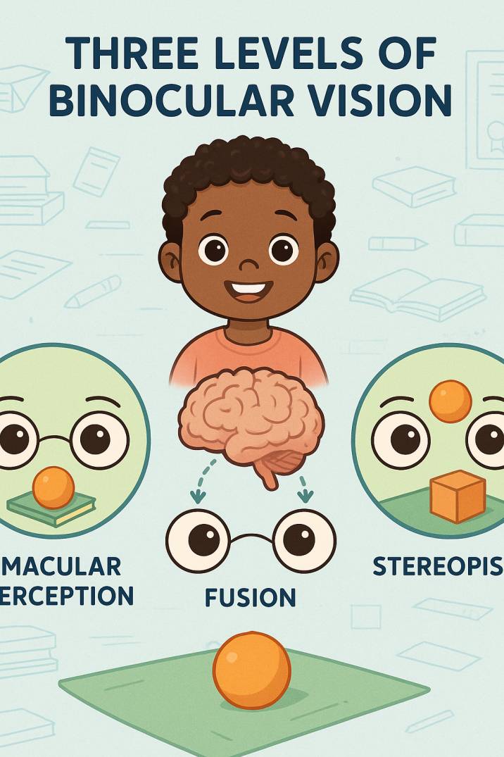 Educational diagram explaining the three levels of binocular vision in children: macular perception, fusion, and stereopsis for optimal learning and development