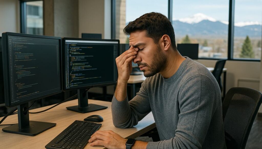 Fort Collins software engineer experiencing digital eye strain while working at multiple computer monitors in modern tech office