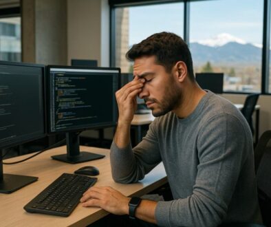 Fort Collins software engineer experiencing digital eye strain while working at multiple computer monitors in modern tech office