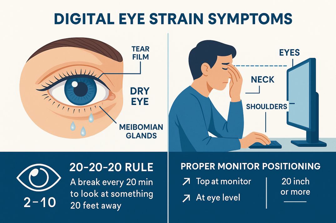 Medical illustration showing digital eye strain symptoms and the 20-20-20 rule for computer vision syndrome prevention