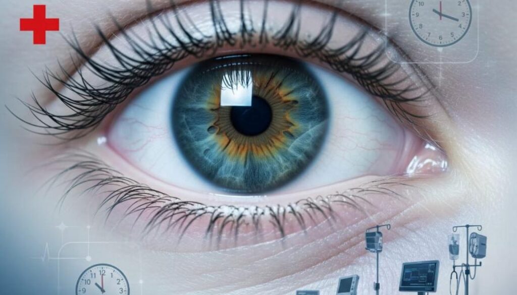Professional close-up of human eye with emergency medical care symbols representing emergency eye care services in Fort Collins Colorado