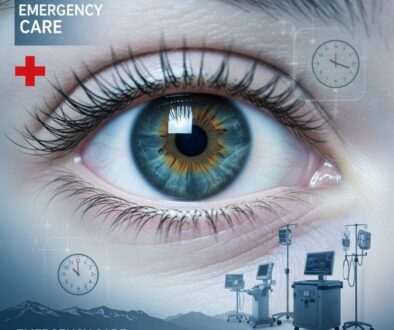 Professional close-up of human eye with emergency medical care symbols representing emergency eye care services in Fort Collins Colorado