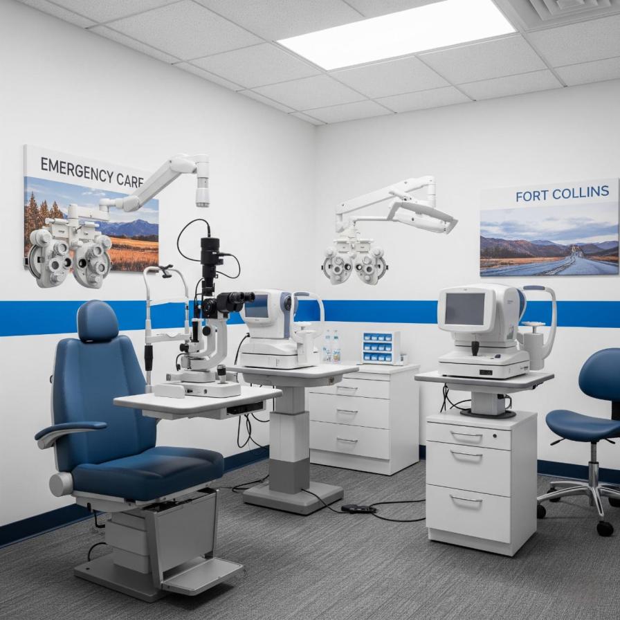 Modern emergency eye care examination room with advanced optometry equipment and comfortable patient chair in Fort Collins eye clinic