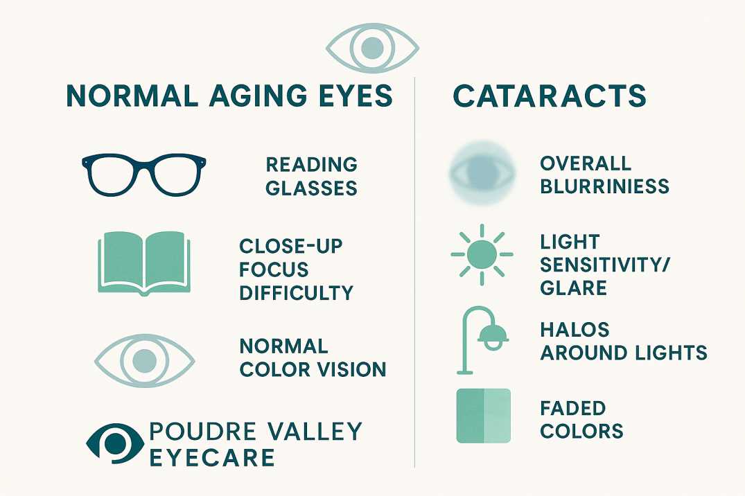 Infographic comparing symptoms of normal aging eyes versus cataracts, showing key differences in vision changes, light sensitivity, and color perception.