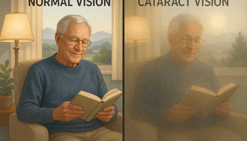 Side-by-side comparison showing clear normal vision versus cloudy cataract vision of an older adult reading, illustrating the difference between aging eyes and cataracts.