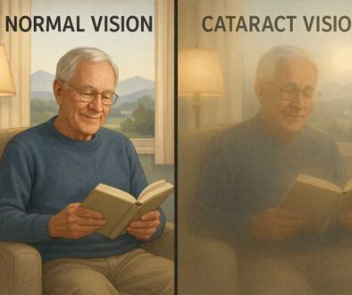 Side-by-side comparison showing clear normal vision versus cloudy cataract vision of an older adult reading, illustrating the difference between aging eyes and cataracts.