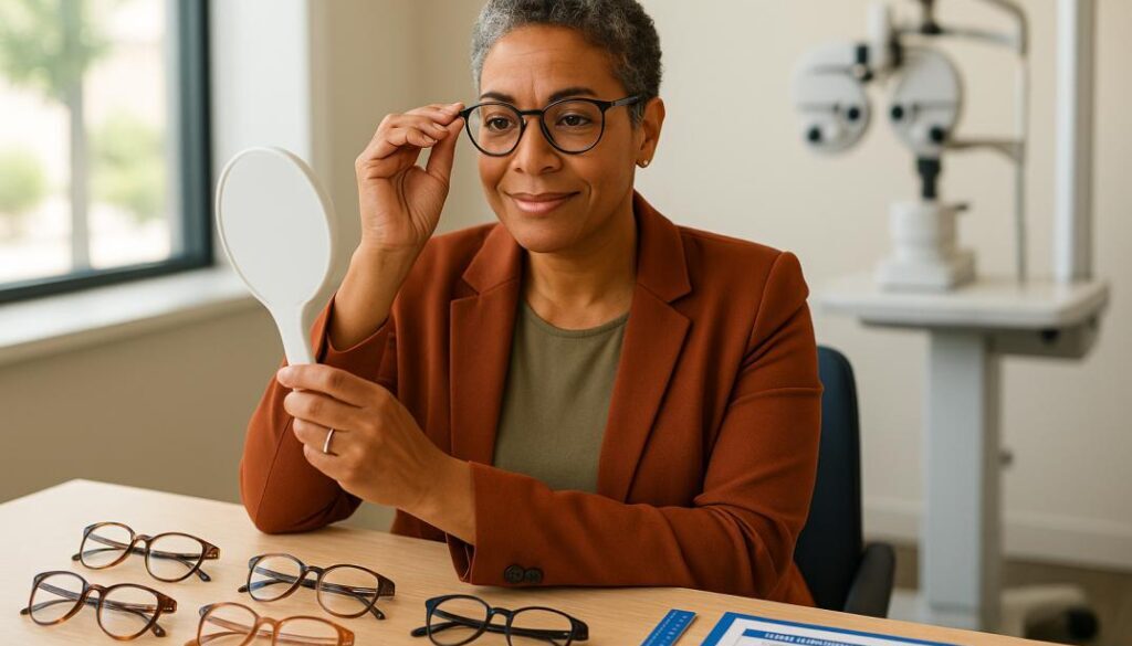 Person trying on eyeglass frames in professional optometry office with measurement tools and frame selection guide.