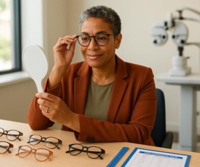 Person trying on eyeglass frames in professional optometry office with measurement tools and frame selection guide.