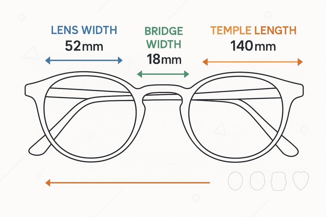 Eyeglass frame measurement diagram showing lens width, bridge width, and temple length with labeled dimensions.