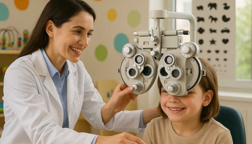 Friendly optometrist performing comprehensive eye exam on smiling child using pediatric vision testing equipment in bright, modern Fort Collins eye care office.