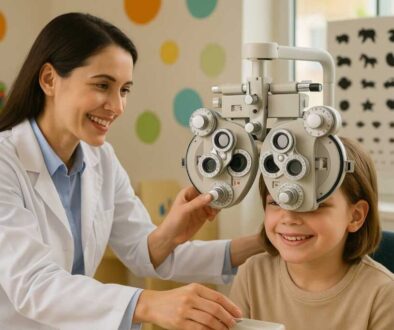 Friendly optometrist performing comprehensive eye exam on smiling child using pediatric vision testing equipment in bright, modern Fort Collins eye care office.