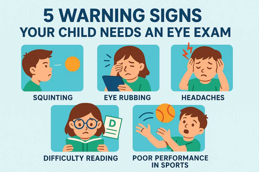 Infographic showing 5 key warning signs children need eye exams: squinting, eye strain, headaches, poor academic performance, and sports difficulties.