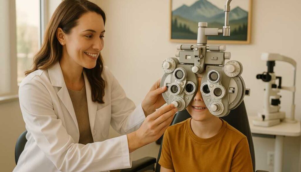 Pediatric optometrist conducting comprehensive eye examination on child at Poudre Valley Eyecare in Fort Collins to detect vision therapy symptoms and determine if child needs vision therapy