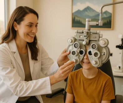 Pediatric optometrist conducting comprehensive eye examination on child at Poudre Valley Eyecare in Fort Collins to detect vision therapy symptoms and determine if child needs vision therapy