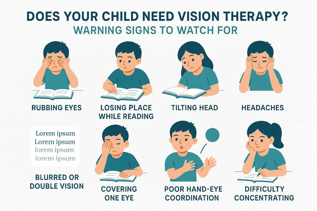 Infographic showing vision therapy symptoms in children including headaches, reading difficulties, eye strain, and poor concentration that indicate when a child needs vision therapy evaluation