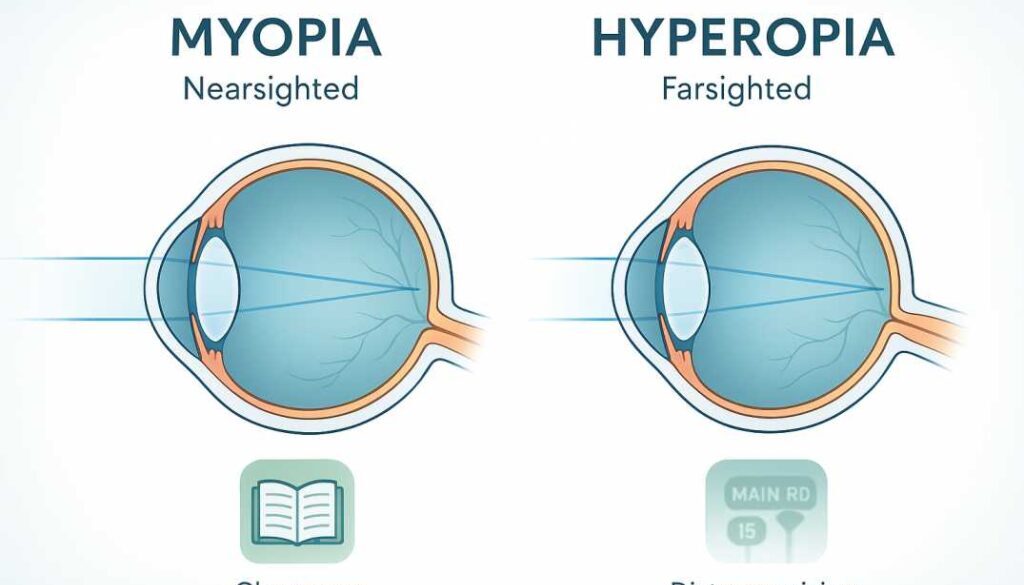 Medical illustration comparing myopia and hyperopia eye anatomy, showing how light focuses differently in nearsighted versus farsighted eyes