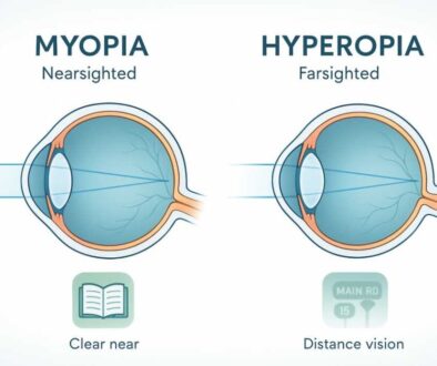 Medical illustration comparing myopia and hyperopia eye anatomy, showing how light focuses differently in nearsighted versus farsighted eyes