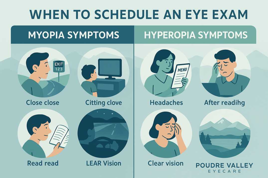 Infographic showing myopia and hyperopia symptoms in daily life situations, comparing nearsighted and farsighted vision challenges