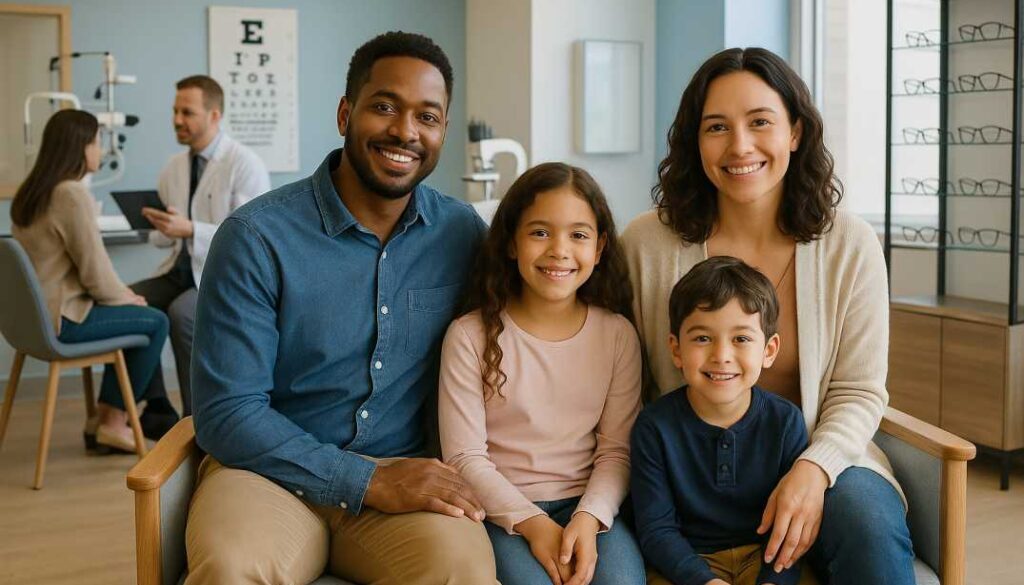 Families waiting in modern Fort Collins optometry office for comprehensive eye exams, with eye doctor consulting patient about astigmatism and myopia treatment options in professional, welcoming environment