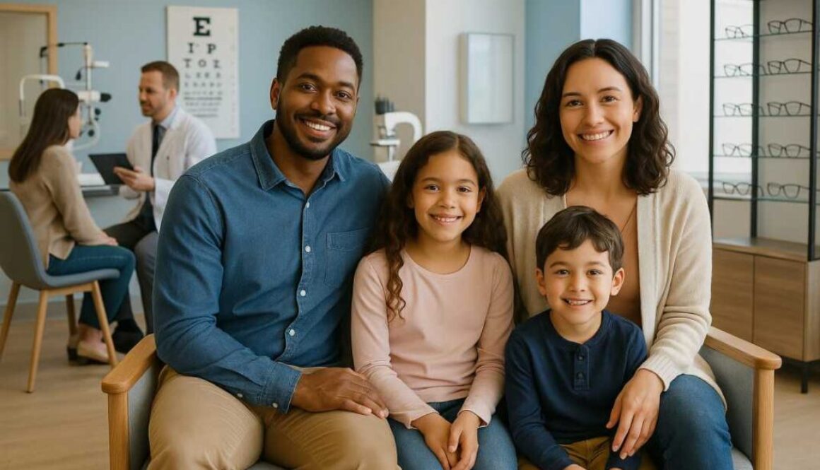 Families waiting in modern Fort Collins optometry office for comprehensive eye exams, with eye doctor consulting patient about astigmatism and myopia treatment options in professional, welcoming environment