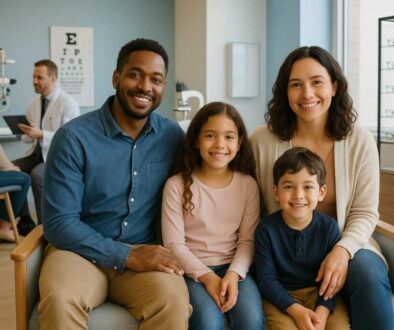 Families waiting in modern Fort Collins optometry office for comprehensive eye exams, with eye doctor consulting patient about astigmatism and myopia treatment options in professional, welcoming environment
