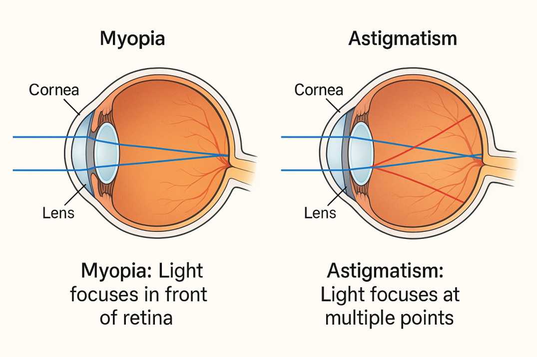 Medical diagram comparing myopia and astigmatism showing how light focuses incorrectly in nearsighted eyes versus eyes with irregular corneal curvature causing vision problems at all distances