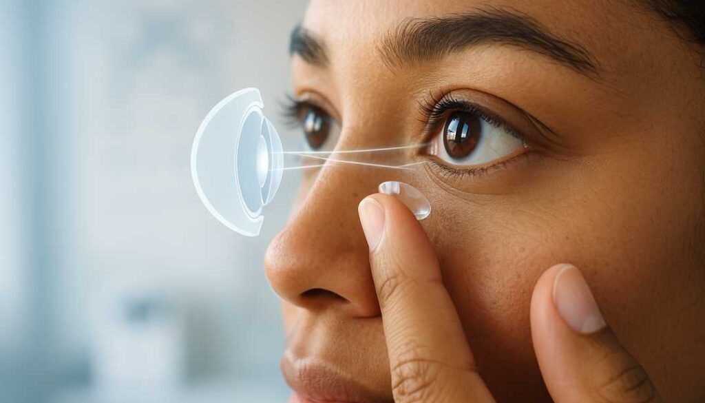 Professional optometrist placing a contact lens on patient's eye showing how contact lenses correct myopia and astigmatism - Poudre Valley Eyecare Fort Collins