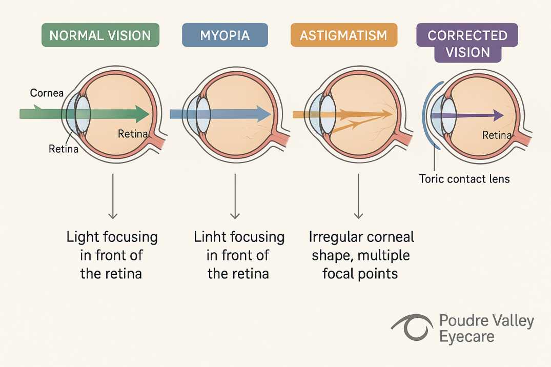 Educational diagram showing how contact lenses correct myopia and astigmatism by focusing light properly on the retina - comprehensive vision correction guide